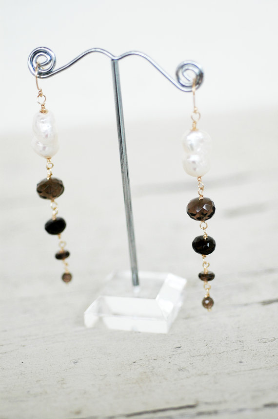 smoky quartz freshwater pearl drop earrings