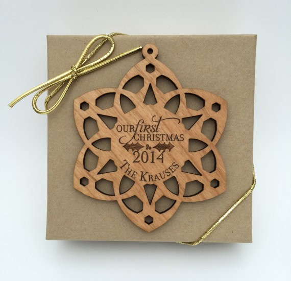 snowflake ornament wood  by urbantimberwoodworks via 50+ First Christmas Ornaments Engaged / Married