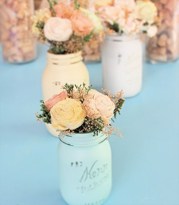 Spring flower bouquet made of sola flowers for your handmade wedding centerpieces.  Bouquet by Curious Floral; painted mason jars by Beach Blues.