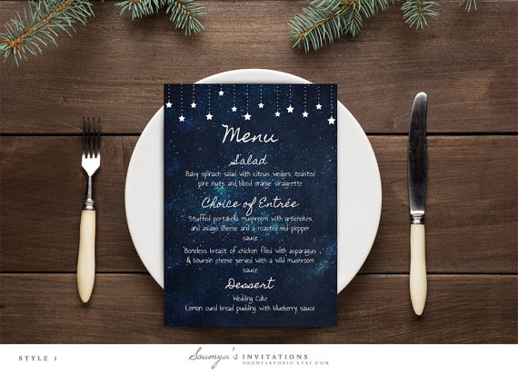 starry night wedding menu by soumyasinvitations | via Starry Night Weddings https://emmalinebride.com/vintage/starry-night-weddings-ideas/