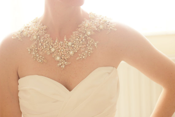 statement necklace | via Wedding Dress with Statement Necklace https://emmalinebride.com/bridal/wedding-dress-with-statement-necklace/