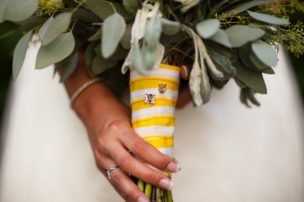 striped ribbon around bouquet as wrap