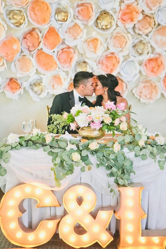 stunning paper flower backdrop sweetheart table