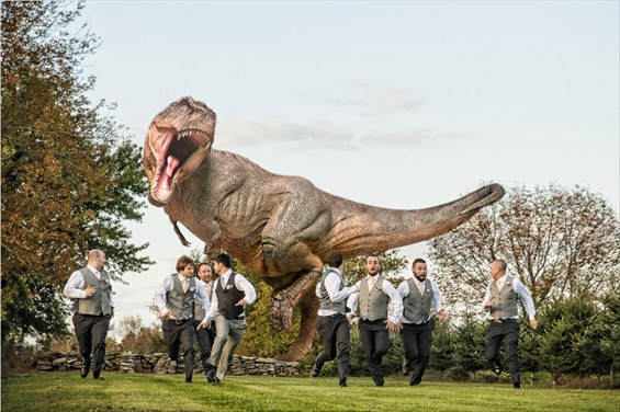 t-rex chases wedding groomsmen