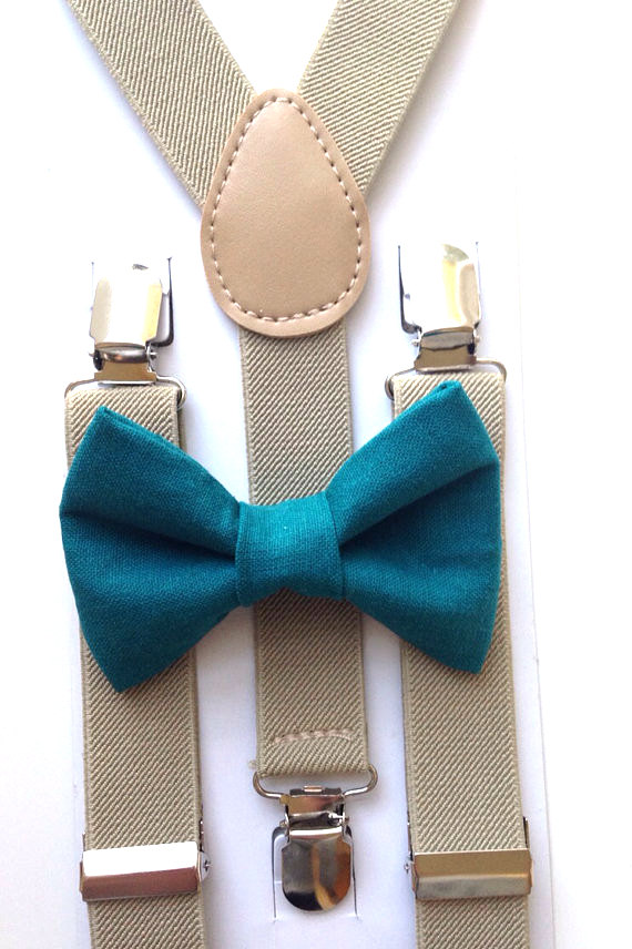 teal and tan bow tie and suspenders set
