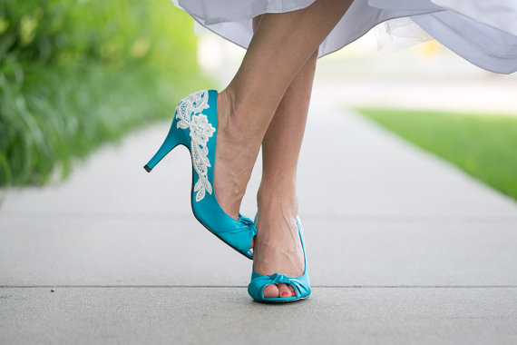 teal blue peep toe wedding heels