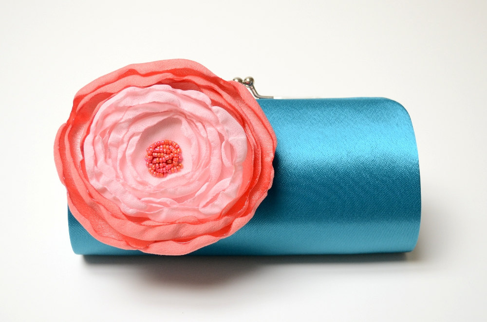 teal clutch with pink flower