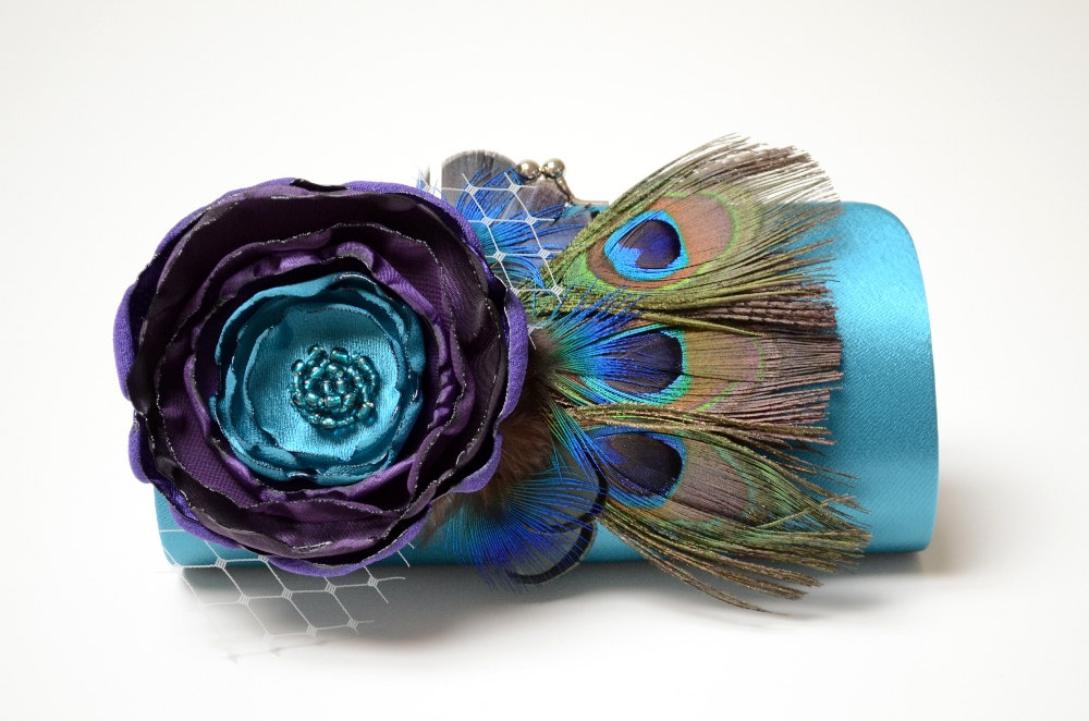 teal peacock wedding clutch