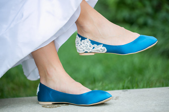 teal wedding flats with lace