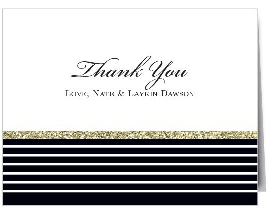 Beautiful thank you card with a modern black and white striped theme with glitter stripe | by Basic Invite | order cards weddings | https://emmalinebride.com/planning/order-cards-weddings/