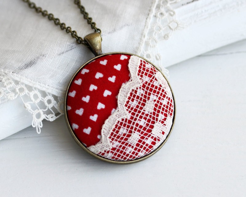 lace pendant necklace with red fabric and white hearts by the whirlwind | via emmalinebride.com | valentine jewelry etsy
