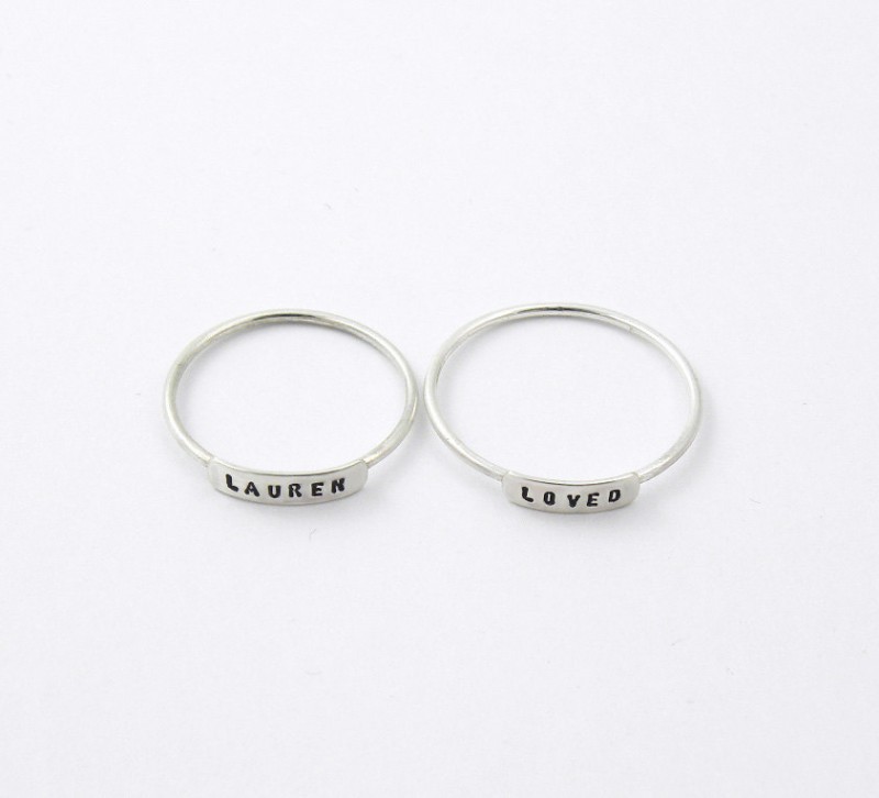 tiny stacked rings with personalization for bridesmaids by silvermore