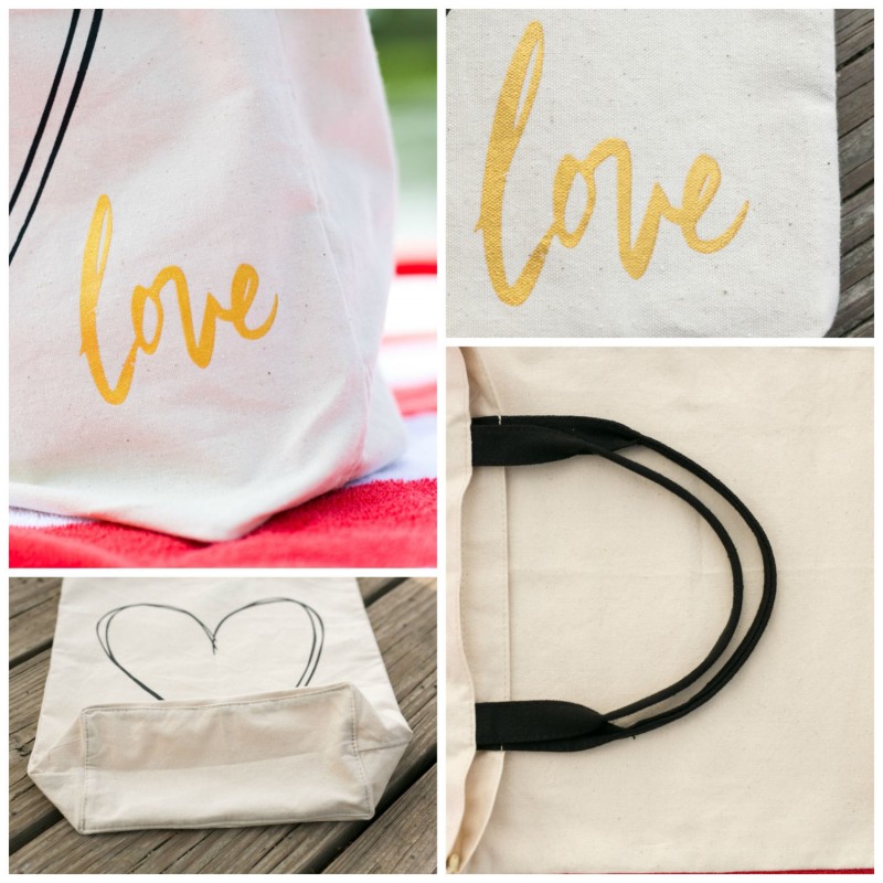 up close of love heart tote bag