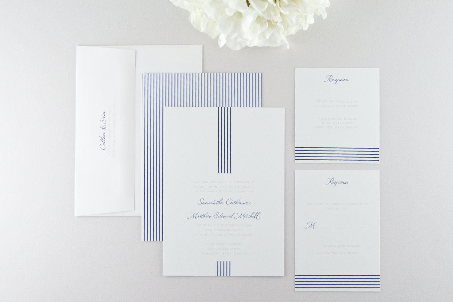 vertical striped navy blue wedding invitations
