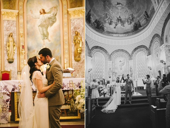vintage wedding - image of bride and groom's first kiss in church