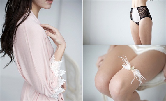 wedding bridal lingerie collection: garter, underwear + pink robe (by Tessa Kim)