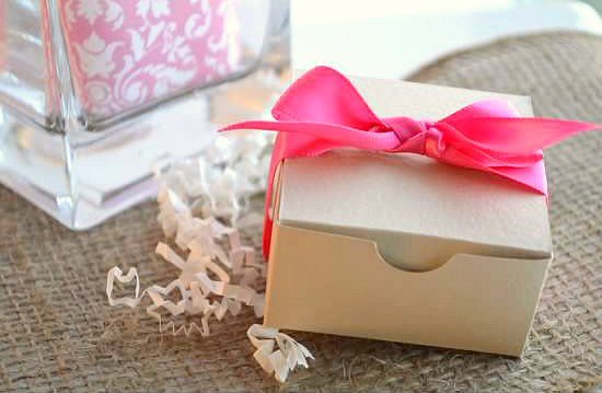 wedding favor boxes - khaki with hot pink ribbon (by sosia to go)