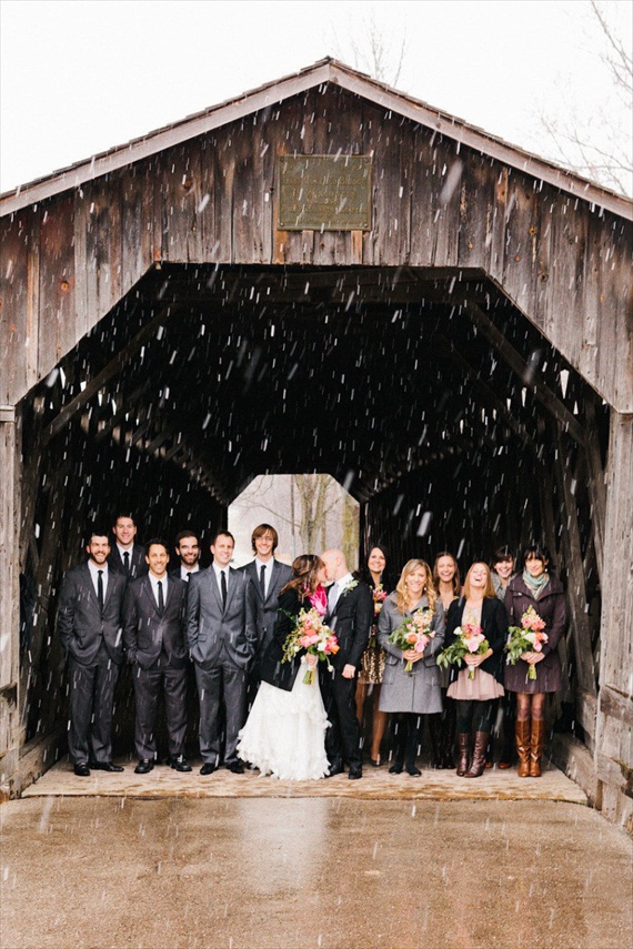 wedding party in coats with rain outside via Bridal Wraps for Winter