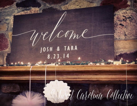 welcome sign for wedding dark stain