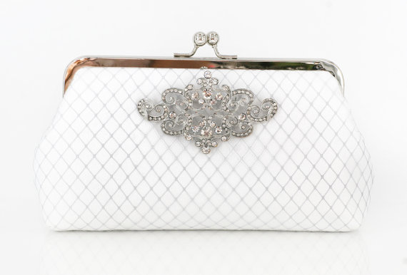 white bridal clutch in art deco style with brooch (by angee w)