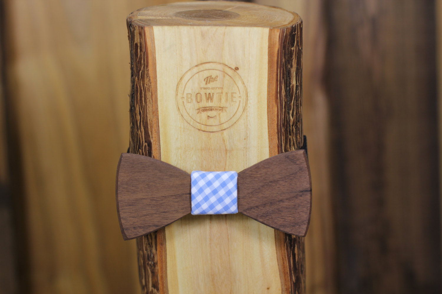 wood bow tie with gingham fabric