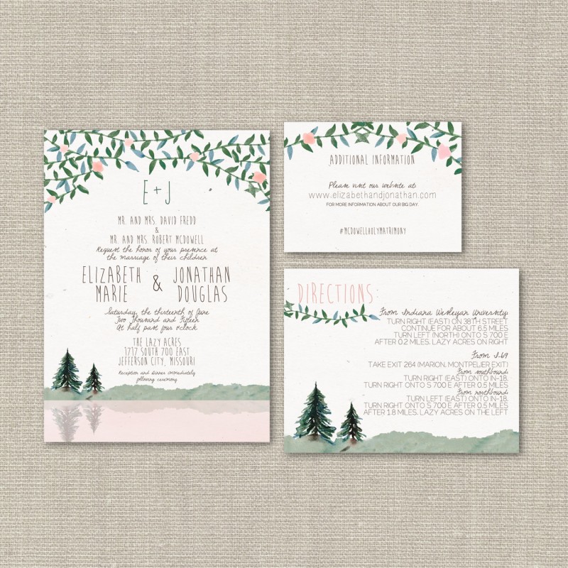 Pine tree wedding invitations | by Splash of Silver | https://emmalinebride.com/planning/pine-tree-wedding-invitations/