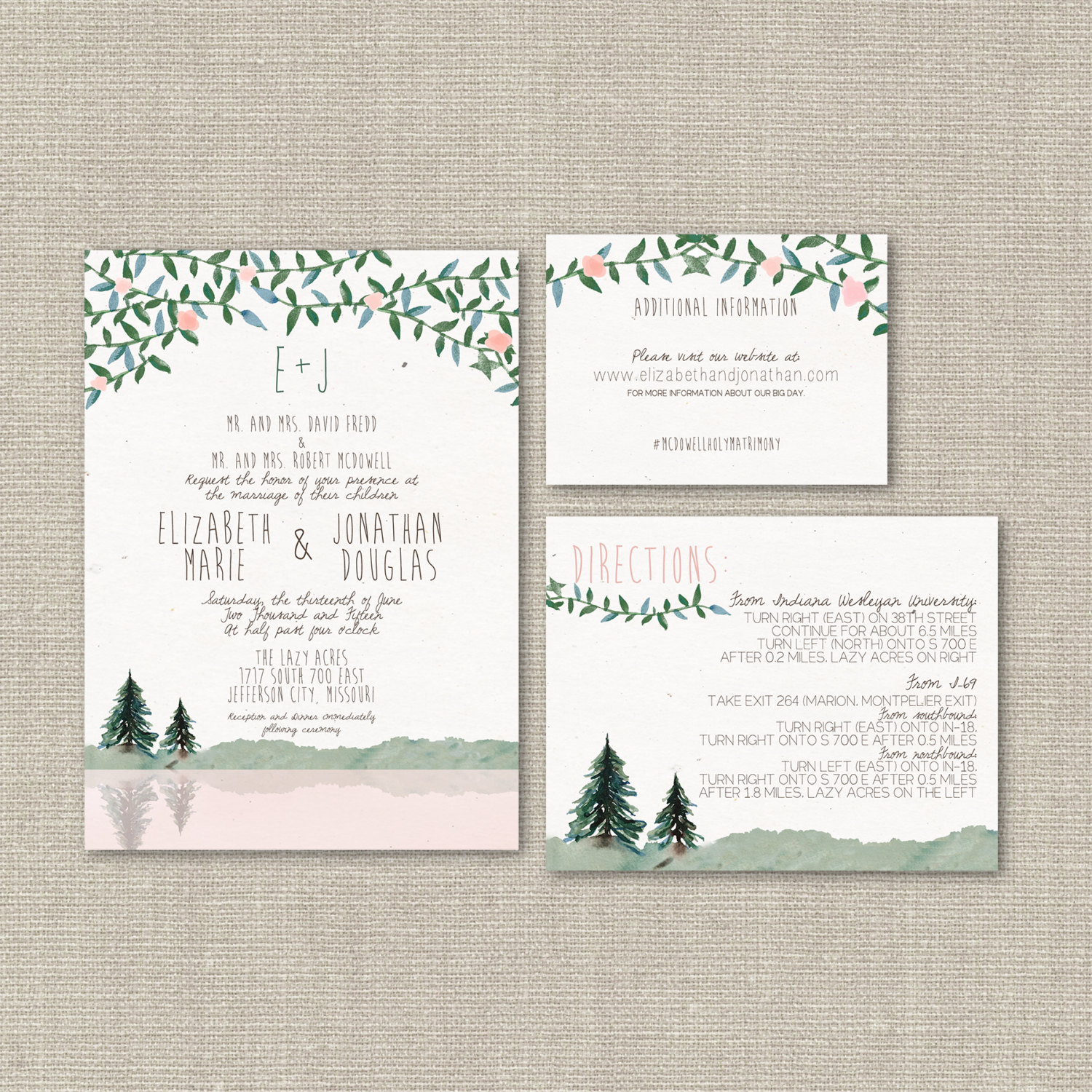 Pine tree wedding invitations | by Splash of Silver