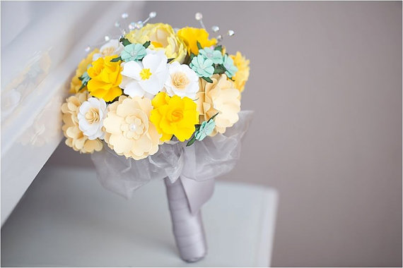 yellow and mint paper wedding bouquet | wedding bouquets made of paper via emmalinebride.com