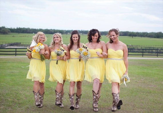 yellow bridesmaid dresses cowboy boots - via 3 Cute Cheap Wedding Cowboy Boots