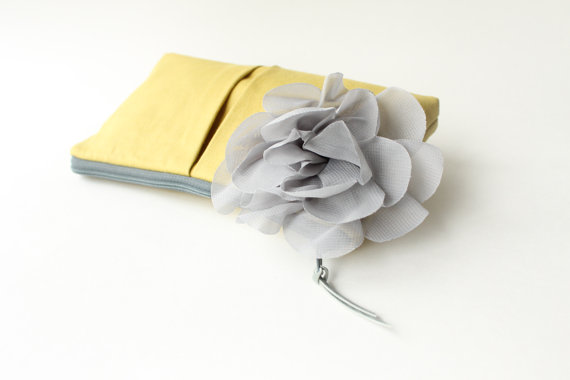 wedding clutch purses - yellow clutch purse with gray flower (by allisa jacobs)
