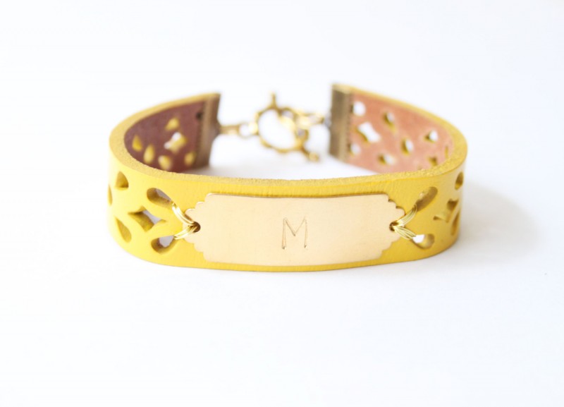 yellow initial bracelet leather | https://emmalinebride.com/gifts/bridesmaid-bangle-bracelets/ 